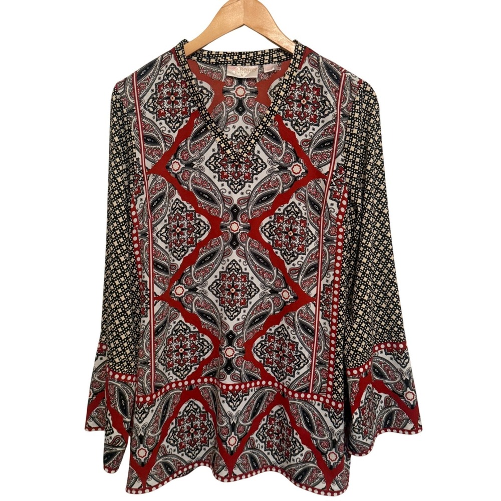Belle Boho‎ Kim Gravel Top Womens Size M Paisley V-Neck Long Sleeve Blouse